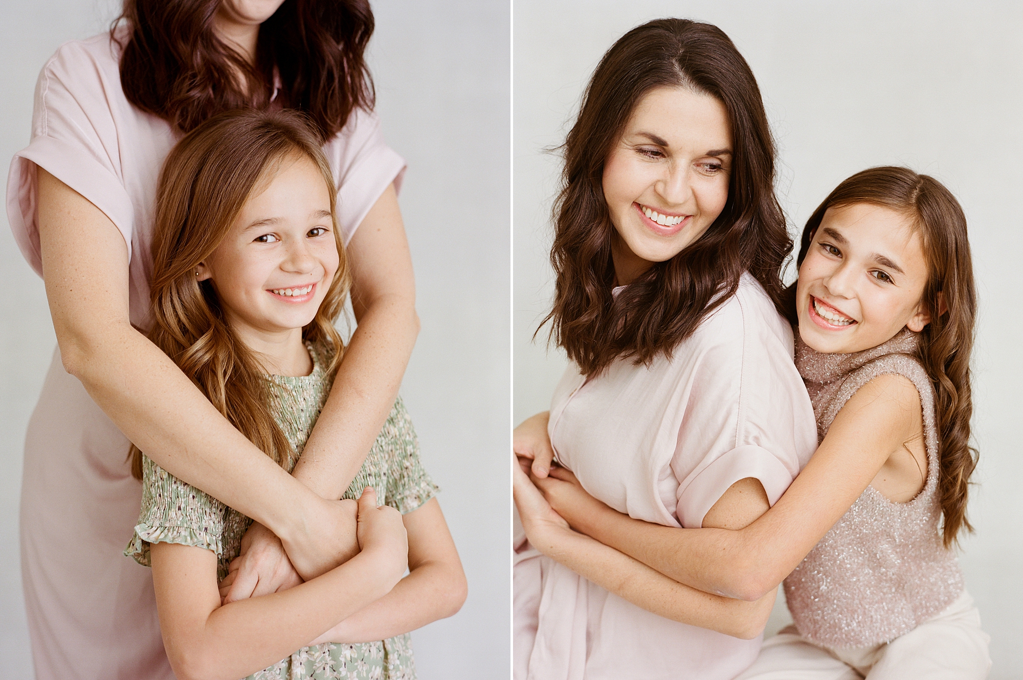 daughters hug mom during studio family photos in Lafayette LA
