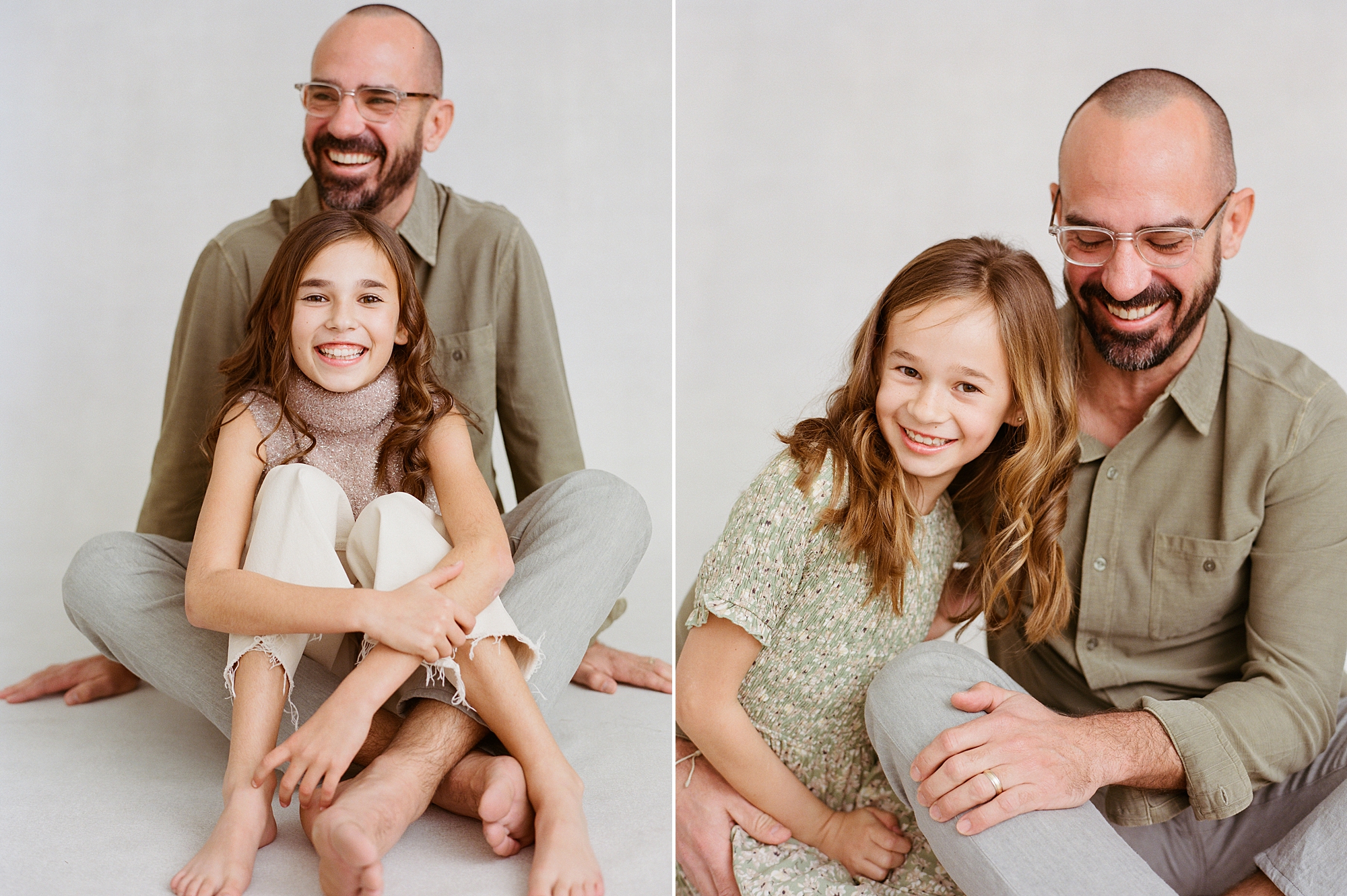 dad laughs with both daughters during studio family photos in Lafayette LA