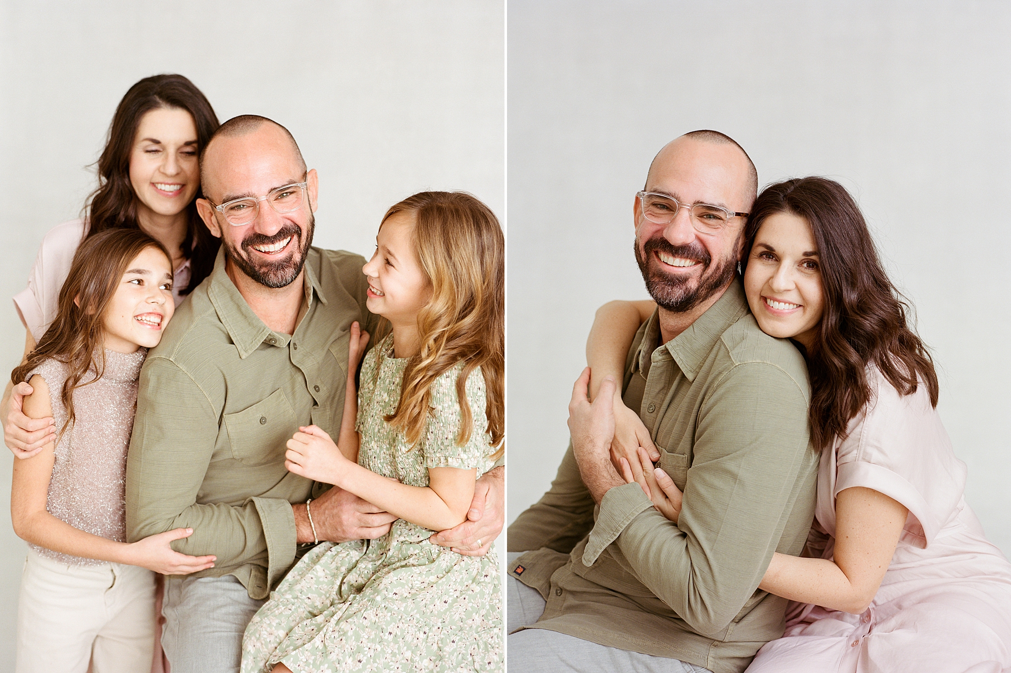 parents snuggle with two daughters during studio family photos in Lafayette LA