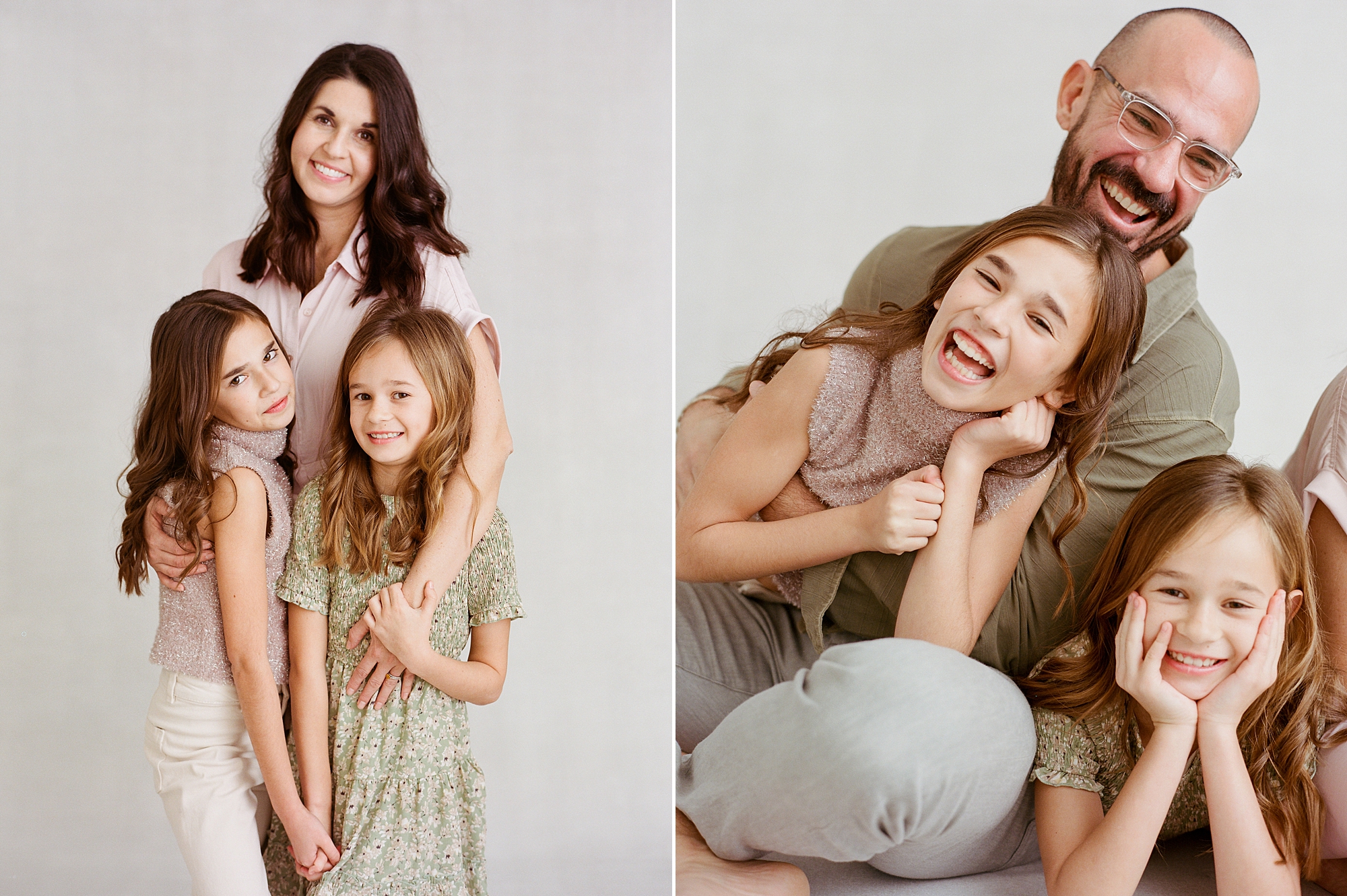 mom hugs two daughters and dad makes them laugh during studio family photos 