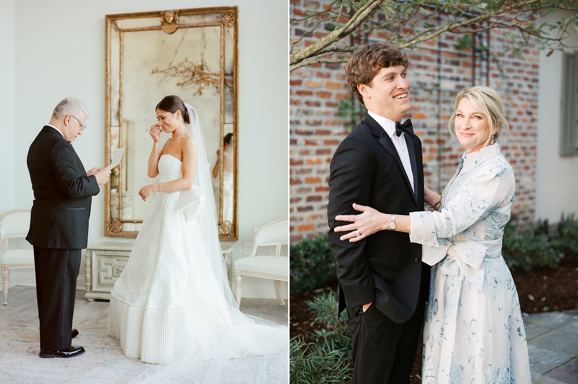 bride and groom have first looks with parents on morning of Lafayette LA wedding 