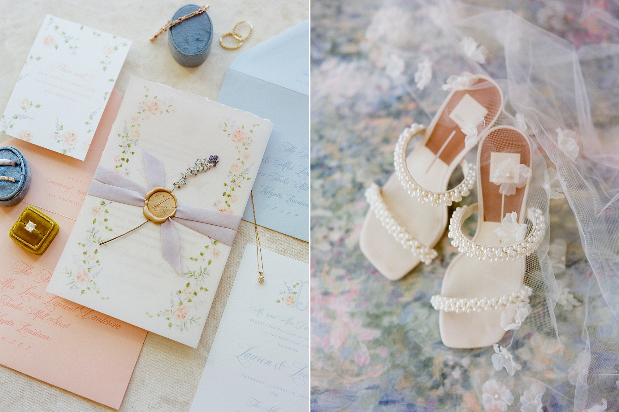 pastel invitation suite and white shoes for Lafayette LA wedding 