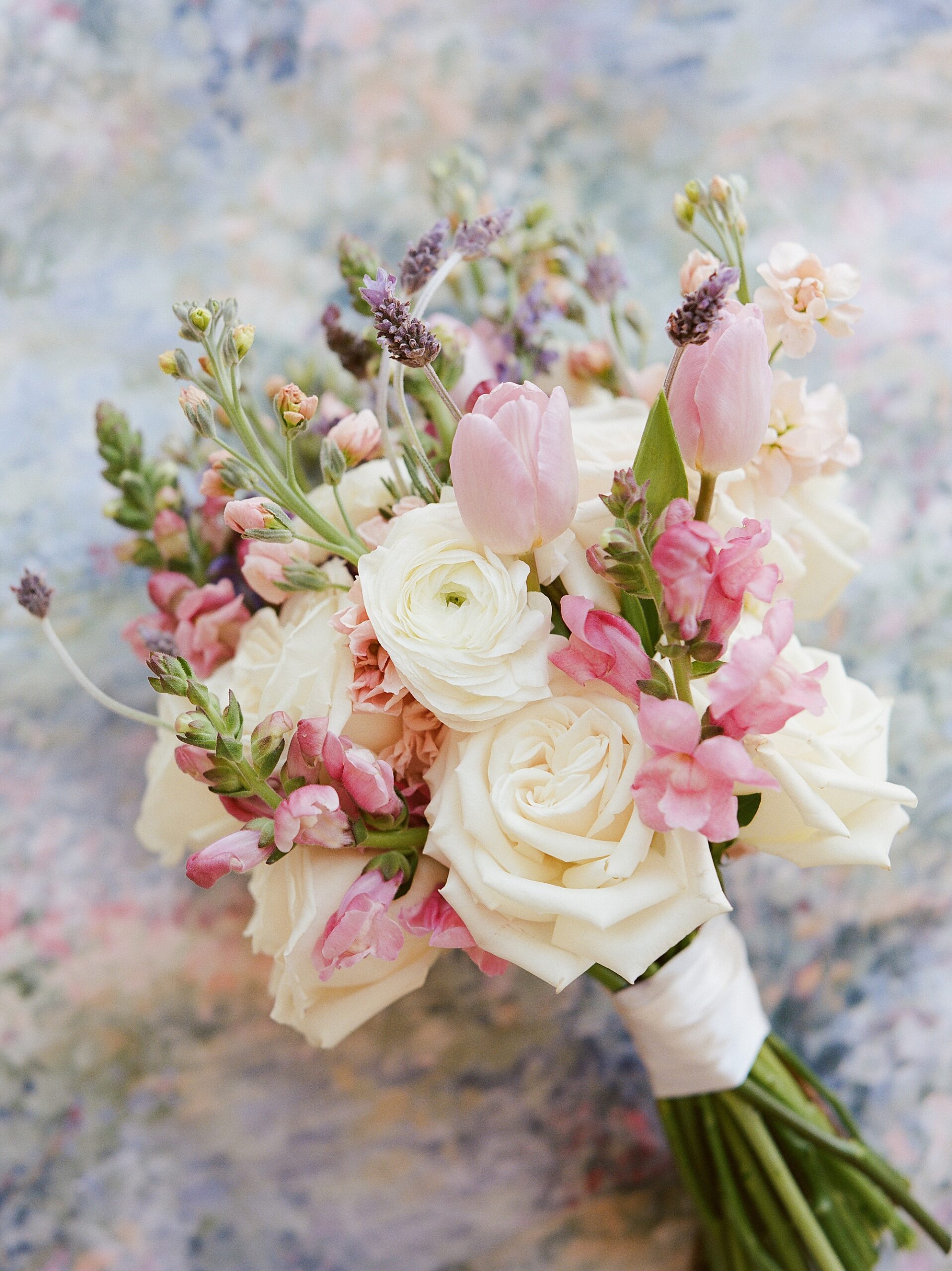 pink and white bouquet for winter wedding at Le Pavillon 