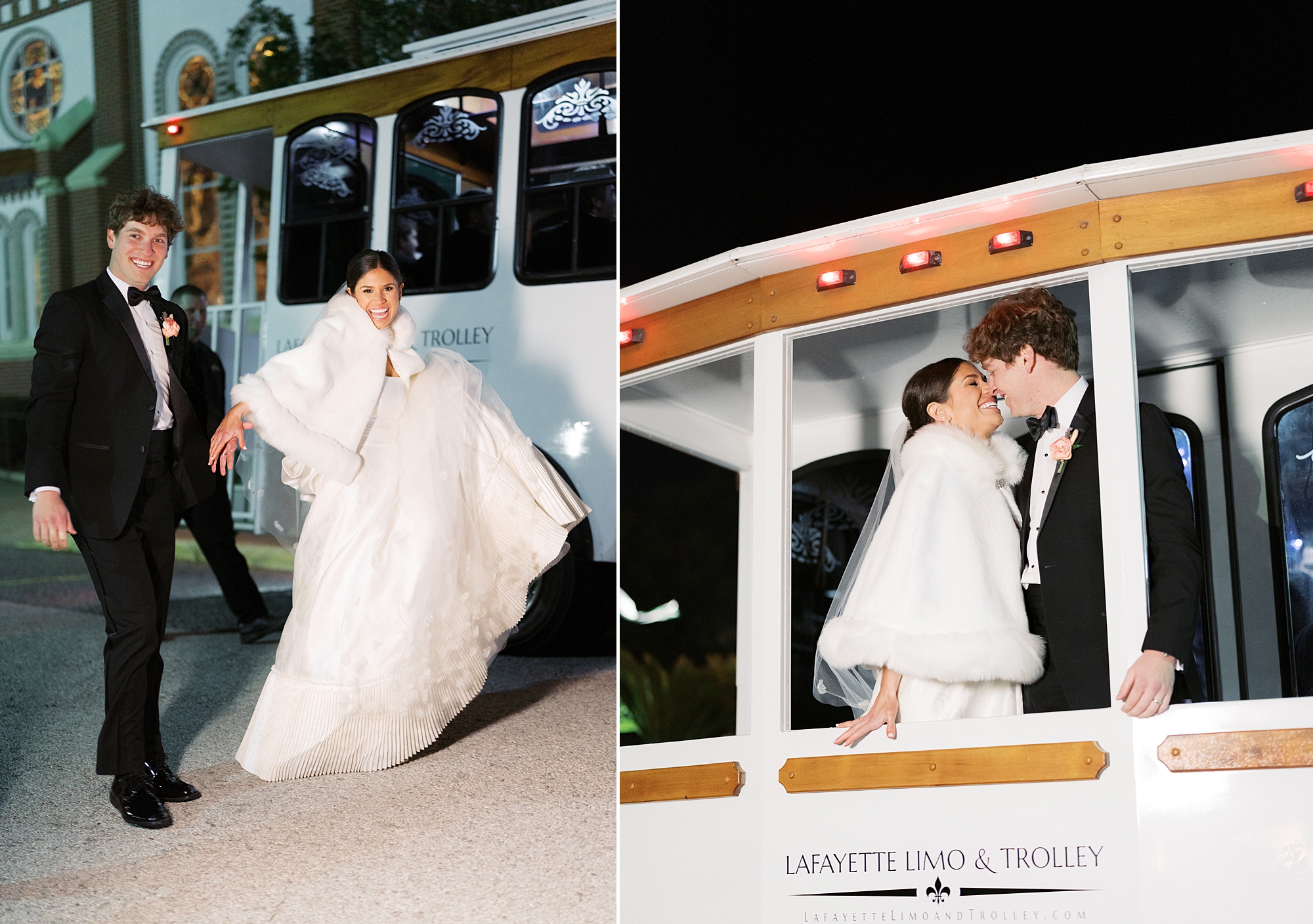 bride and groom kiss inside trolley in Louisiana 