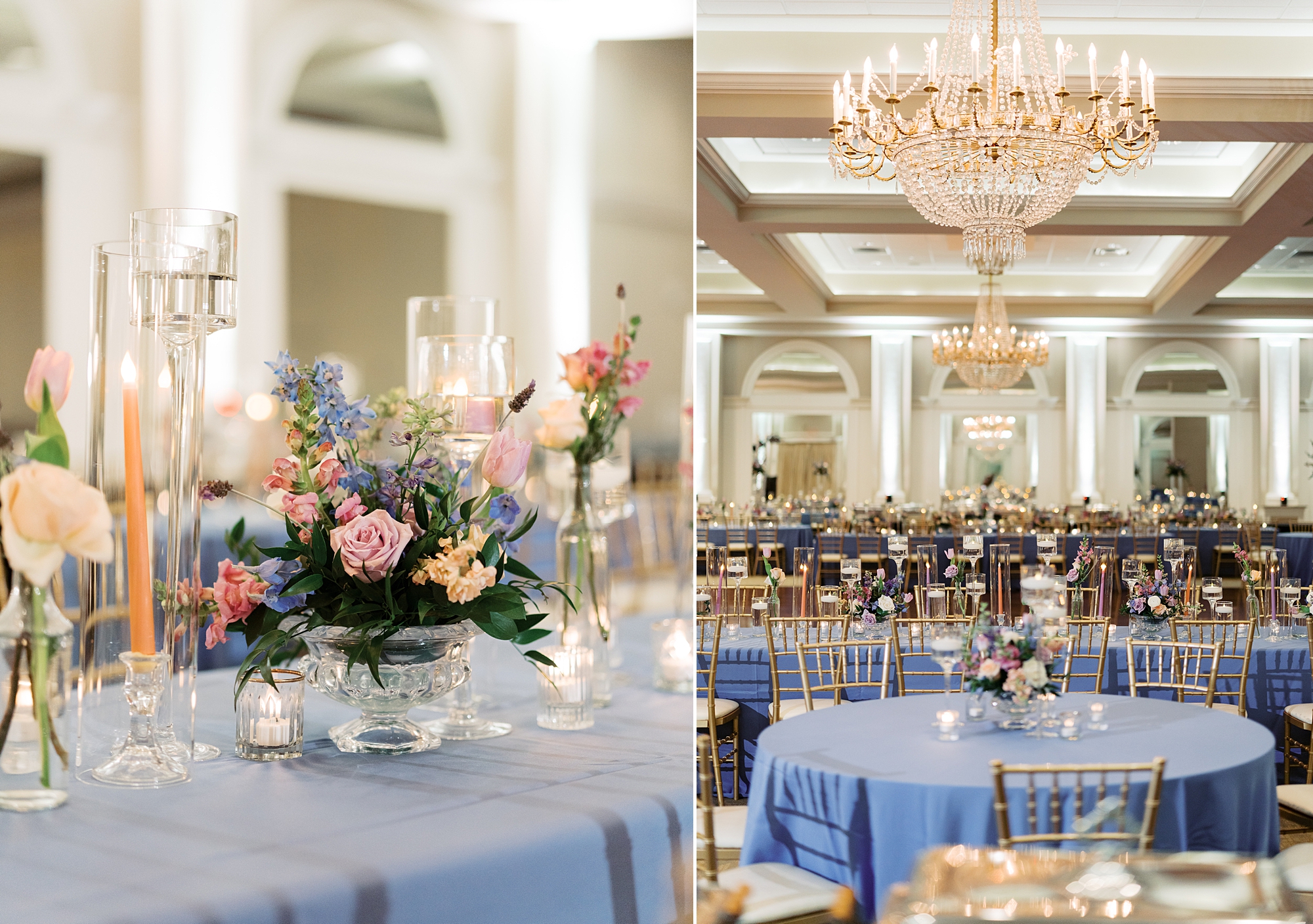 pink and peach flower centerpieces for wedding reception at Le Pavillon with blue table cloths 