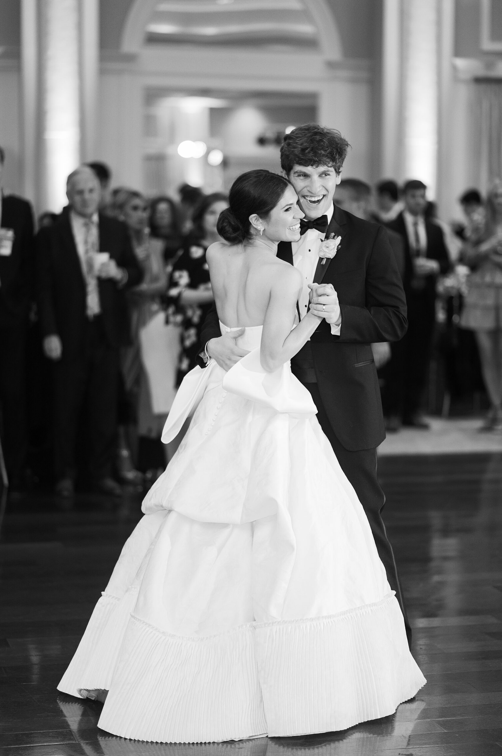 bride and groom dance during wedding reception at Le Pavillon