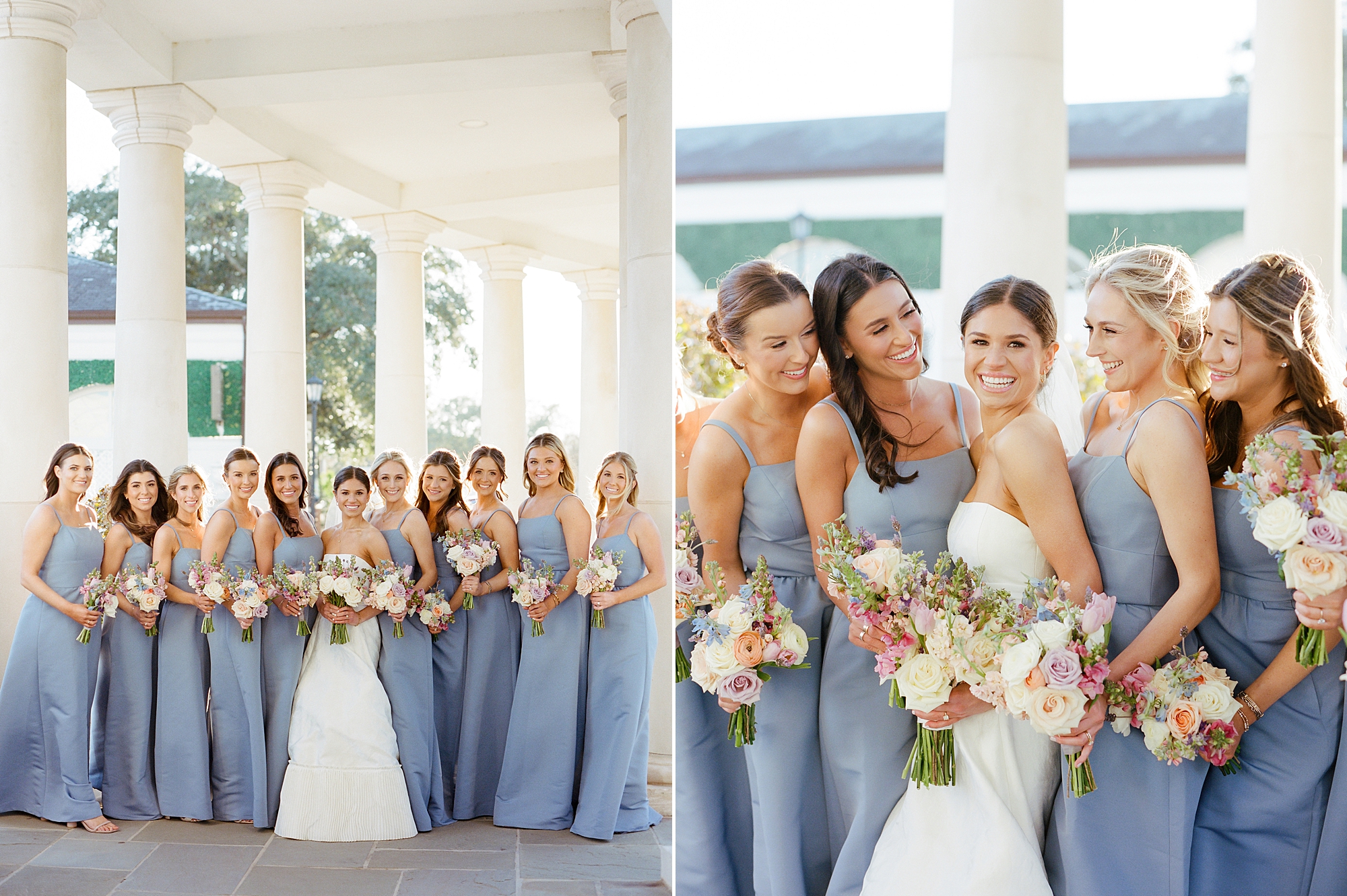 bride smiles with bridesmaids in blue gowns at Le Pavillon